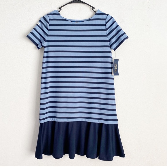 Polo Ralph Lauren Big Girls Blue Striped Stretch Ponte Dress Size L (12-14)